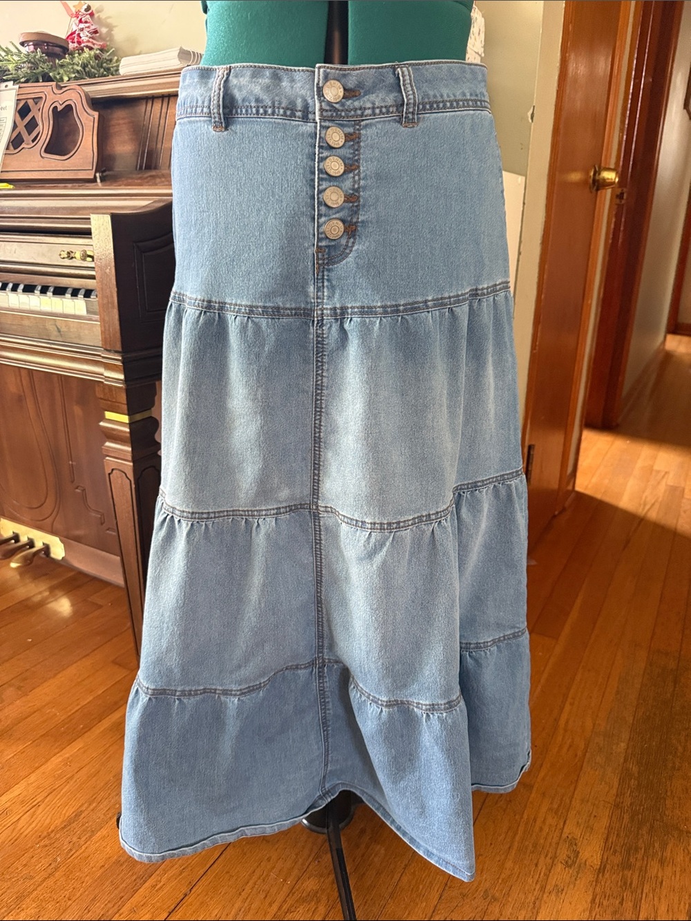 Cato Light Blue Tiered Denim Maxi Skirt with Front Buttons